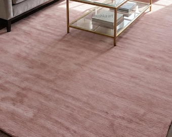 Handwoven Blush Pink New Zealand Wool Area Rug Solid Dusty Rose Handloom Carpet Luxurious Soft Textured Living Room Bedroom Eco-Friendly