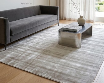 Luxury Handloom Solid Silver Gray Viscose  Area Rug Plush Carpet for Modern Minimalist Home Soft Neutral Texture Living Room Bedroom Decor