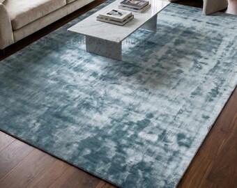 Luxury Handloom Viscose Area Rug Solid Teal Blue Carpet Soft Silky Plush Handmade Modern Minimalist High Pile Living Room Bedroom Home Decor