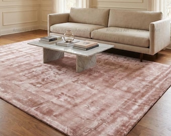 Luxury Handloom Solid Blush Pink Viscose Area Rug Modern Minimalist Soft Plush Velvet-Like Artisan Carpet for Living Room Bedroom Home Decor