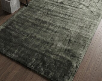 Luxurious Handloom Viscose Area Rug Deep Emerald Green Solid Quilted Diamond Pattern Handmade Modern Carpet for Living Room Bedroom Decor