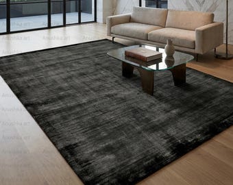 Alfombra de lujo de viscosa esquilada con punta de telar manual, color gris carbón antracita liso, moderna, texturizada, suave y afelpada, ideal para sala de estar y dormitorio.