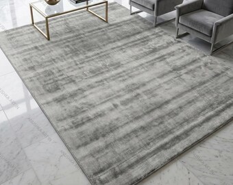 Luxurious Handloom Viscose Area Rug Modern Gray Carpet  Handmade Living Room Bedroom Neutral Minimalist Solid Sustainable Eco-Friendly Decor