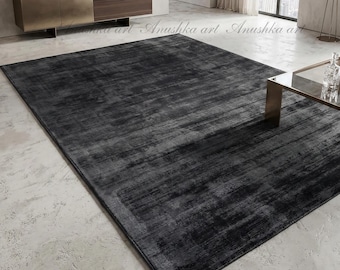 Luxury Handloom Charcoal Gray Viscose Tip Sheared Area Rug Soft Silky Sheen Modern Carpet Living Room Bedroom Neutral Stone Tone Home Decor