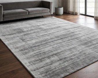 Luxurious Handloom Solid Silver Gray Viscose Tip Sheared Area Rug Modern Distressed Carpet for Living Room Bedroom Soft Texture Home Decor