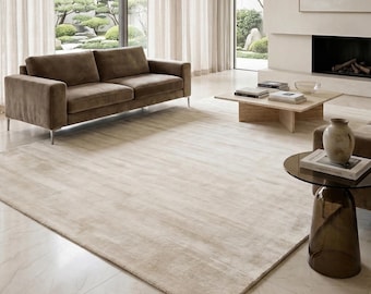 Tappeto rettangolare di lusso in viscosa tinta unita, con punta tagliata, tessuto a mano, morbido, moderno, color avorio neutro, con texture soffice, per soggiorno, camera da letto
