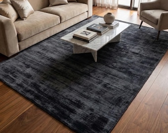 Luxury Handloom Solid Charcoal Viscose Tip Sheared Area Rug Soft Plush Modern Carpet for Living Room Bedroom Sustainable Textural Home Decor
