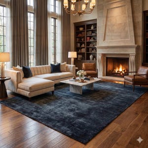 May include: A luxurious living room featuring a beige sectional sofa with navy blue accent pillows, a marble coffee table, and a large navy blue rug. A fireplace with a lit fire, bookshelves, and large windows with drapes complete the elegant space.