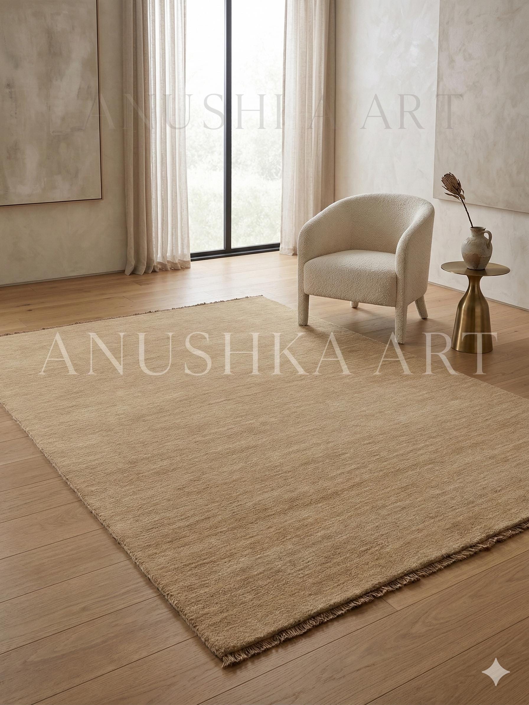 Hand Knotted Modern Handloom Fringes Beige 100% Woolen Handtufted Rug ...