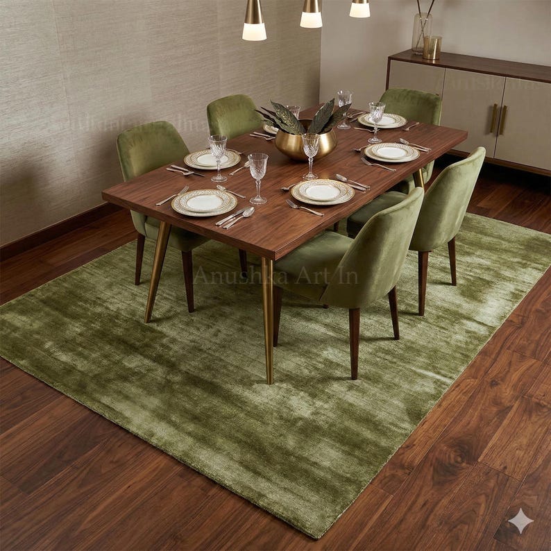 May include: A dining room set featuring a rectangular wooden table with six green velvet chairs. The table is set with plates, silverware, and glassware. A large green rug covers the floor, and a buffet and lighting fixtures are visible.