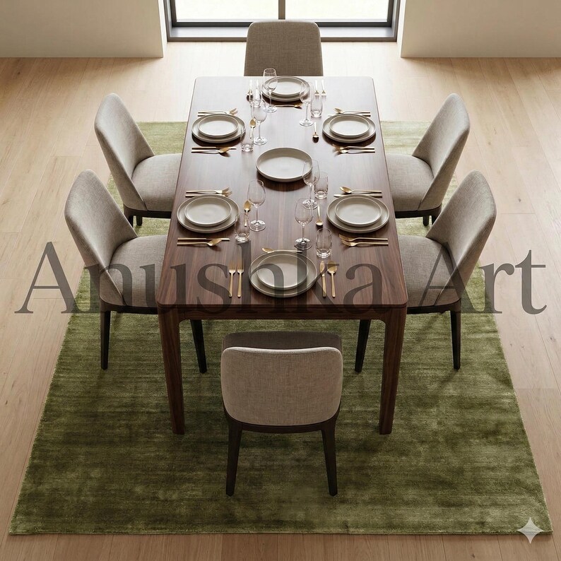 May include: A modern dining table set for six. The dark wood table is set with white plates, gold cutlery, and wine glasses. Six upholstered chairs surround the table, set on a green rug. The room is well-lit with natural light.