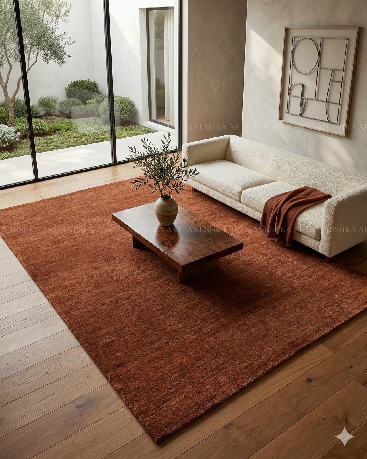 Luxury Handwoven New Zealand Wool Area Rug Solid Rust Terracotta Carpet Sustainable Handloom for Boho Modern Home Decor Living Room Bedroom