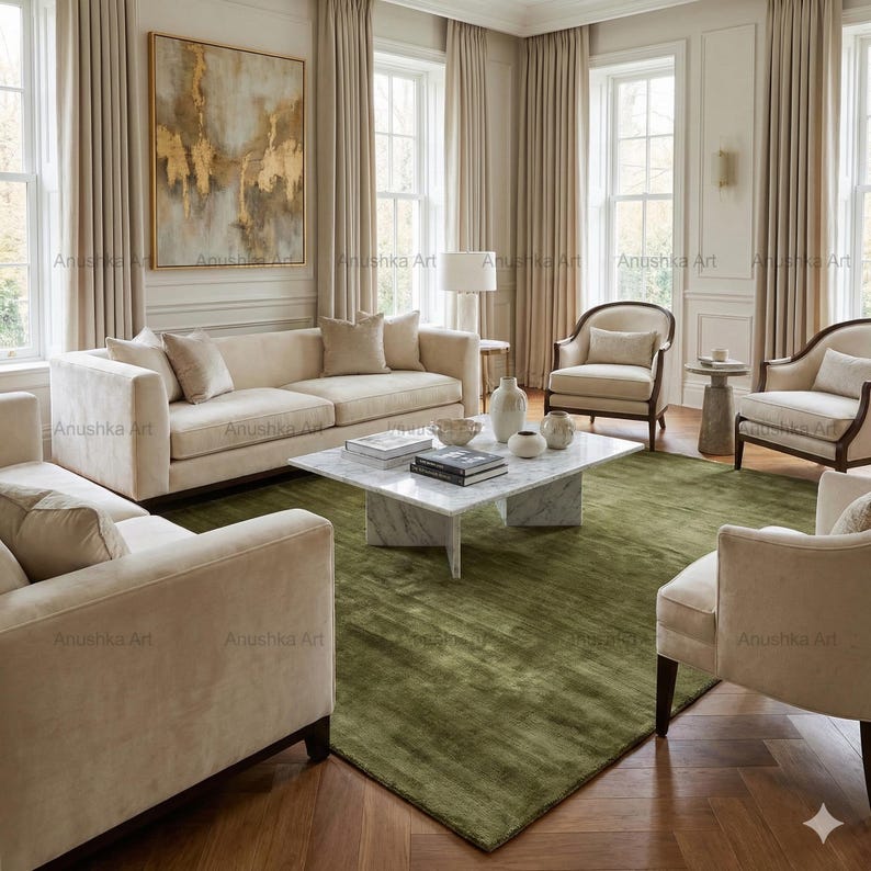 May include: A luxurious living room featuring beige sofas, armchairs, and a marble coffee table. A large abstract painting hangs above the sofa. The room is decorated with neutral-toned curtains and a green rug. The room is filled with natural light.