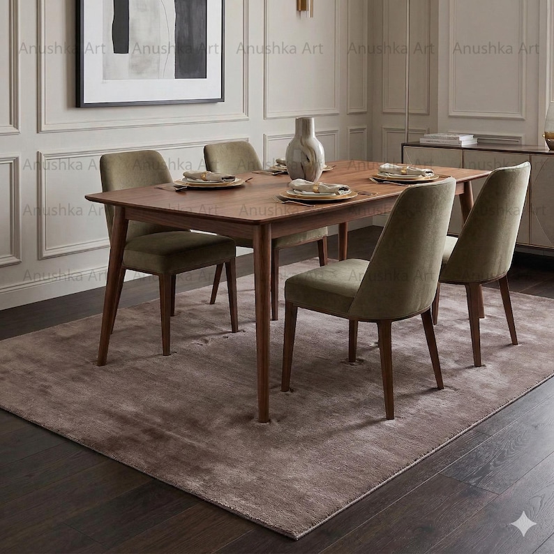 May include: A dining room set with a rectangular wooden table and four olive green upholstered chairs. The table is set with plates and a decorative vase. A large, neutral-toned rug covers the floor. The wall art says "Anushka Art".