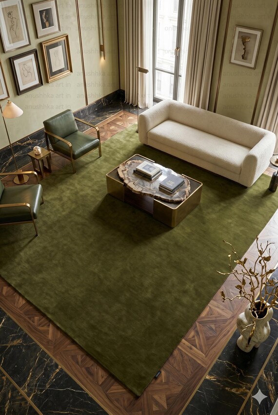 Premium Solid Army Moss Green New Zealand Wool Area Rug Handloom Carpet for Living Room Bedroom Ultra Plush Thick Sustainable Eco-Friendly