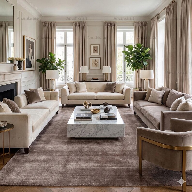May include: A luxurious living room with neutral tones. Features include three sofas, a marble coffee table, and a large area rug. The room is decorated with plants, lamps, and artwork, creating a sophisticated and inviting atmosphere.