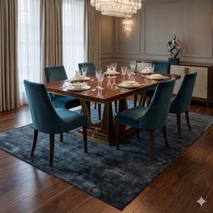 May include: A formal dining room set with a dark wood table, teal velvet chairs, and a matching rug. The table is set with white plates, silverware, and crystal glasses. A chandelier hangs above the table, and curtains frame the windows.