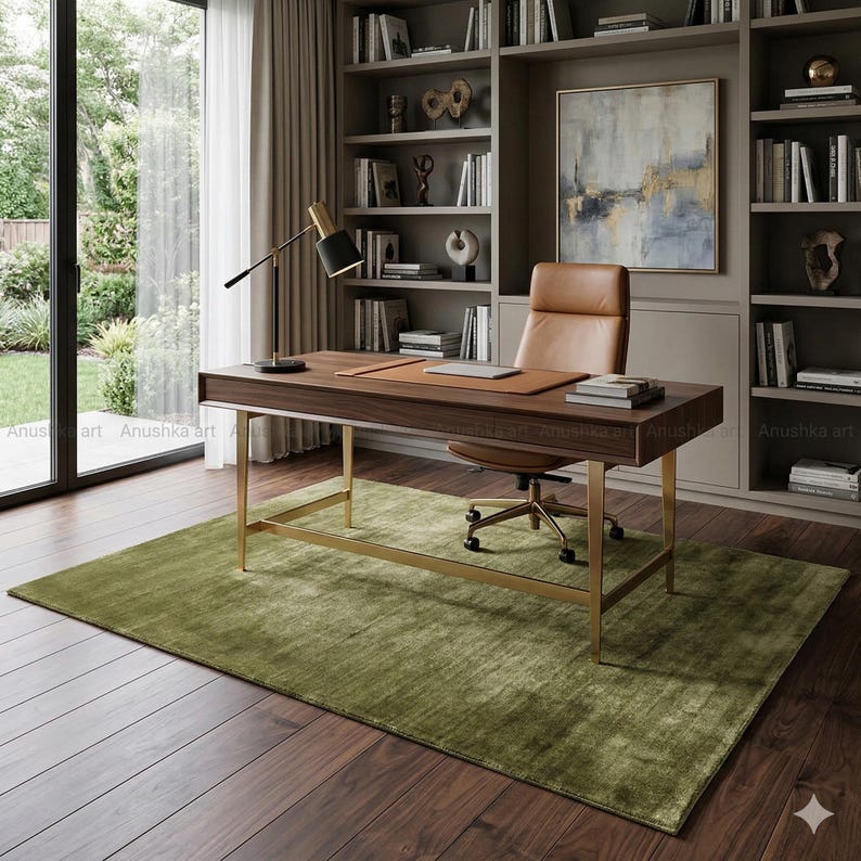 May include: A modern home office featuring a dark wood desk with gold legs, a brown leather chair, and a green rug. A black desk lamp and a bookshelf filled with books and decor are visible.