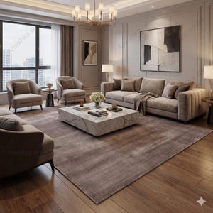 May include: A luxurious living room with a modern design. Features include a large, neutral-toned sofa, two armchairs, and a marble coffee table. A large area rug and hardwood floors complete the space. A chandelier and artwork add to the room's elegance.