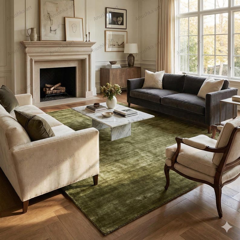 May include: A living room with a neutral color palette, featuring a green rug, two beige sofas, and a dark gray sofa. A marble coffee table sits in the center, and a fireplace and artwork adorn the walls. The room is filled with natural light.