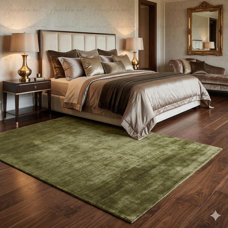 May include: A luxurious bedroom featuring a large bed with a cream-colored headboard and bedding in shades of beige and brown. A large, olive green rug covers the floor. Two gold lamps sit on nightstands on either side of the bed.