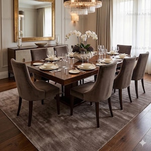 May include: A dining room set featuring a dark wood table with a square design, surrounded by upholstered chairs in a neutral tone. The table is set with fine china and glassware, and a floral centerpiece adds a touch of elegance. A large rug and chandelier complete the scene.