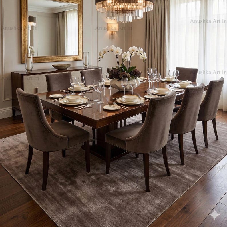 May include: A dining room set featuring a dark wood table with a square design, surrounded by upholstered chairs in a neutral tone. The table is set with fine china and glassware, and a floral centerpiece adds a touch of elegance. A large rug and chandelier complete the scene.
