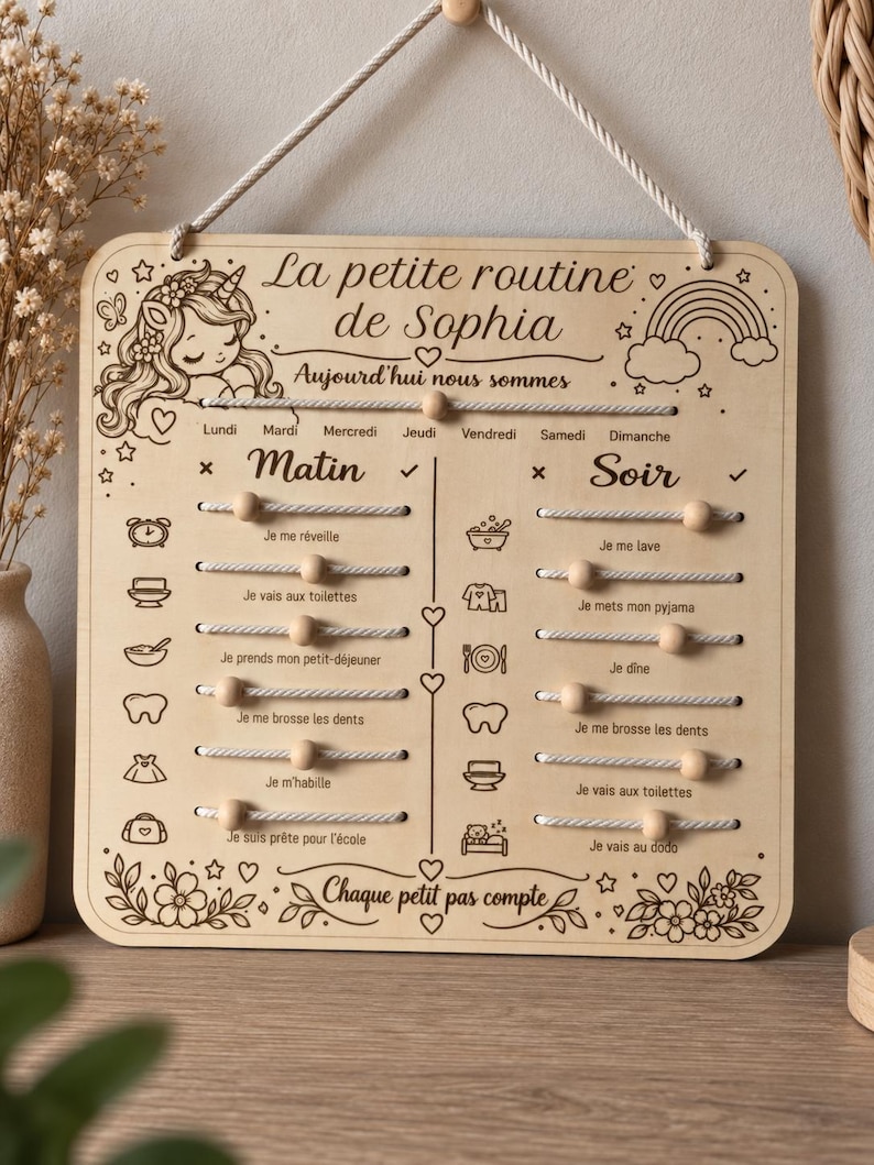 Tableau de routine enfant personnalisé en bois – Routine matin et soir ...