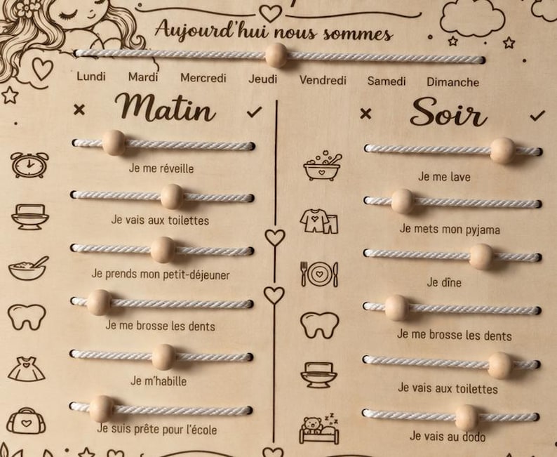 Tableau de routine enfant personnalisé en bois – Routine matin et soir ...