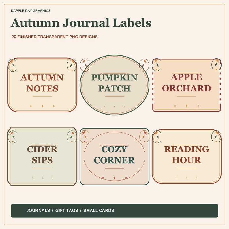 Fall Book Label Autumn Journal Labels: 20 Cozy Fall Word Art Pngs for Cards and Gift ...