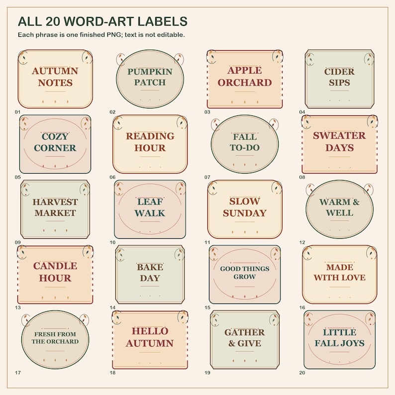 Fall Book Label Autumn Journal Labels: 20 Cozy Fall Word Art Pngs for Cards and Gift ...