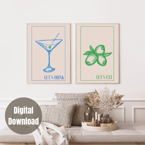 Trendy Wall Art | Lets Drink Lets Eat | Martini Glass | Set of 2 Prints | Retro Aesthetic | Bar Cart decor | Kitchen decor |Digital Download