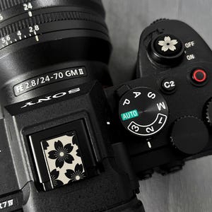 May include: A black Sony Alpha a7 IV camera with a 24-70mm lens. The camera features a mode dial with settings for Auto, P, A, S, and M. Decorative floral accents are visible on the camera body and controls.