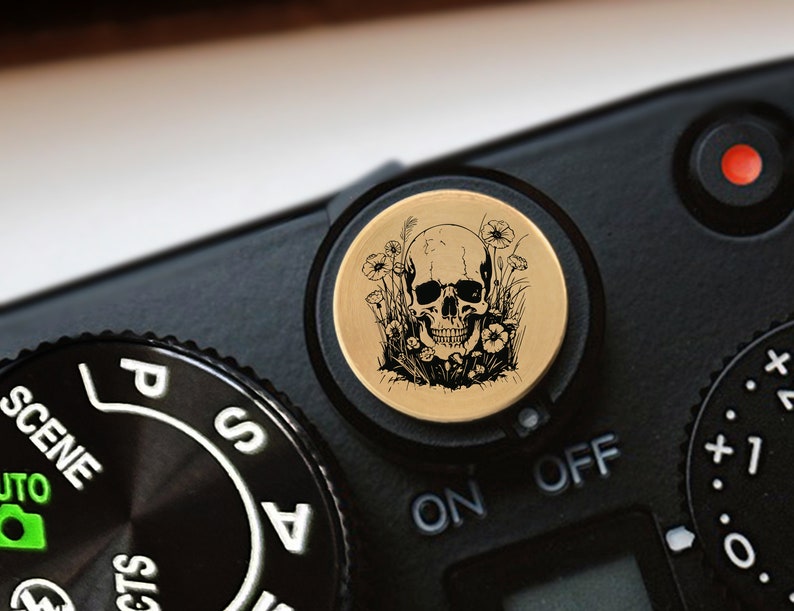 May include: A gold camera knob with a black and white skull and flower design.