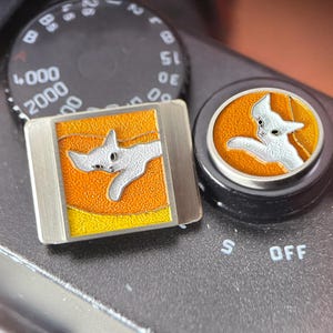 Op de afbeelding: Twee emaille pins met een wit kattenontwerp op een oranje achtergrond. Eén pin is vierkant met een zilveren rand, de andere is rond met een zwarte rand. De pins zijn geplaatst tegen een donkergrijze achtergrond.