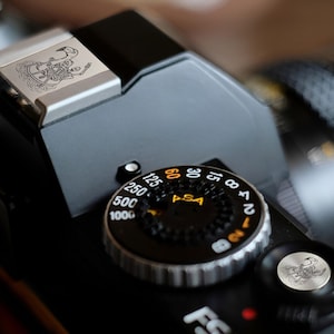 May include: A black and silver camera with a silver top plate featuring a skeleton design. The camera has a black dial with white numbers and an orange "ASA" label.