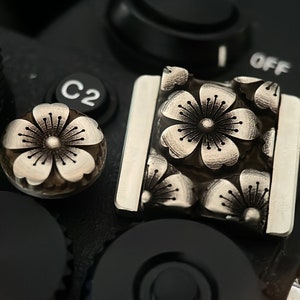 May include: A close-up of a silver camera accessory with a floral design. The accessory has a rectangular shape and is made of metal. The flowers are embossed and have a detailed design.