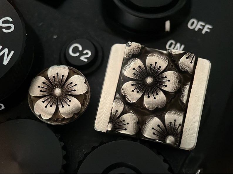 May include: A silver camera button with a floral design. The button is shaped like a flower with five petals and a center circle. The button is surrounded by a black background.
