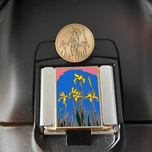 May include: A gold-coloured round pin with an iris flower design. Below it, a rectangular pin with yellow iris flowers against a blue background, framed by a pink border. The pins are set against a black background.