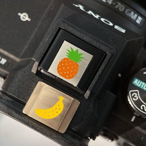 May include: Close-up of a black camera with a colorful fruit-themed design. The design includes a pineapple and a banana. The camera has a dial with settings like AUTO and numbers 1, 2, and 3.