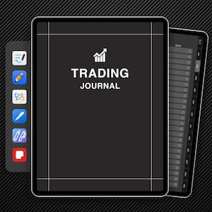 Puede incluir: Una tableta digital en blanco y negro con un borde blanco y el texto "TRADING JOURNAL" en la pantalla. La tableta está sobre un fondo de rayas blancas y negras. El texto "FILENET" está debajo de la tableta.