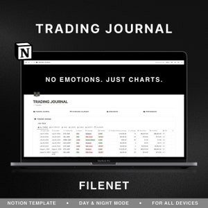 Könnte beinhalten: Ein Screenshot einer Notion-Seite mit dem Titel "Trading Journal" und einem schwarz-weißen Logo des Buchstabens "N" in der oberen linken Ecke. Die Seite ist in vier Abschnitte unterteilt: "Trading Journal", "Wirtschaftskalender", "Ressourcen" und "Performance". Der Abschnitt "Trading Journal" enthält eine Tabelle mit Spalten für "Alle Trades", "Meine Strategie", "Gewinn/Verlust", "Einstiegspreis", "Ausstiegspreis", "Hebelwirkung" und "Kalender". Die Tabelle ist mit Daten über vergangene Trades gefüllt. Die Seite enthält auch den Text "Keine Emotionen. Nur Charts."