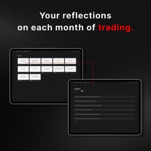 May include: A screenshot of a computer screen showing a calendar with a list of months. The calendar is labeled "Your reflections on each month of trading." The screen also shows a form with questions about trading for the month of January.