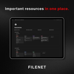 May include: A screenshot of a computer screen showing a dark-themed web application with the word "FILENET" at the bottom. The application has a tabbed interface with tabs labeled "Trading Journal", "Economic Calendar", "Resources", and "Performance". The "Resources" tab is open and displays a list of resources organized into categories.