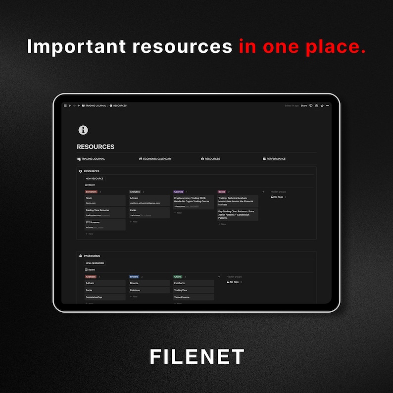 May include: A screenshot of a computer screen showing a dark-themed web application with the word "FILENET" at the bottom. The application has a tabbed interface with tabs labeled "Trading Journal", "Economic Calendar", "Resources", and "Performance". The "Resources" tab is open and displays a list of resources organized into categories.