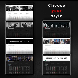 May include: A collage of five different computer screens displaying various trading journal layouts. The screens feature different backgrounds, including a cityscape, a bull and bear statue, a bar chart, a group of people, and the text "ABSOLUTELY F*CKING NOT". Each screen displays a table with data related to trading.
