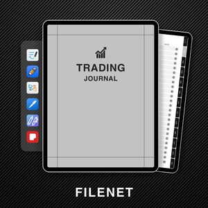 May include: A digital tablet with a gray screen displaying the text "TRADING JOURNAL" and a graph icon. The tablet has a black frame and is on a black and gray background. The tablet has a side panel with a calendar and date.