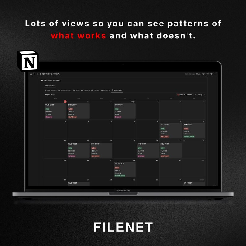 May include: A laptop computer displaying a calendar with a dark background and red, green, and white text. The calendar shows a list of cryptocurrency trades for the month of August. The laptop is on a black surface with the word "FILENET" in white text below it.