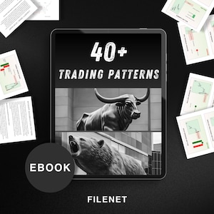 May include: A black and white ebook cover with the text "40+ Trading Patterns" and a black and white image of a bull and a bear. The ebook is titled "40+ Trading Patterns" and is available from FILENET.