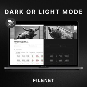 May include: A laptop computer screen displaying a website with a trading journal, economic calendar, resources, and performance data. The website has a dark mode theme with a black background and white text. The website also features a bull and bear statue in the background.